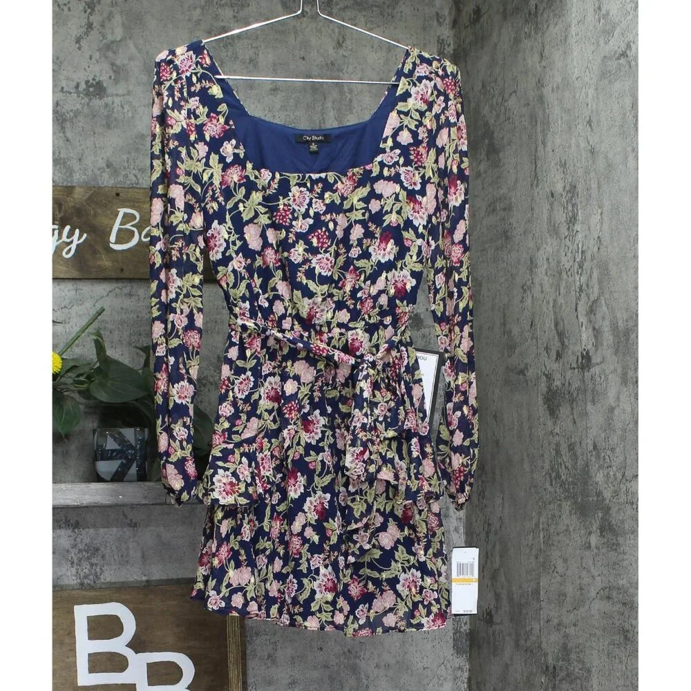 NWT City Studio Square-Neck Fit Flare Shear Lined Dress Navy Blue Multi S